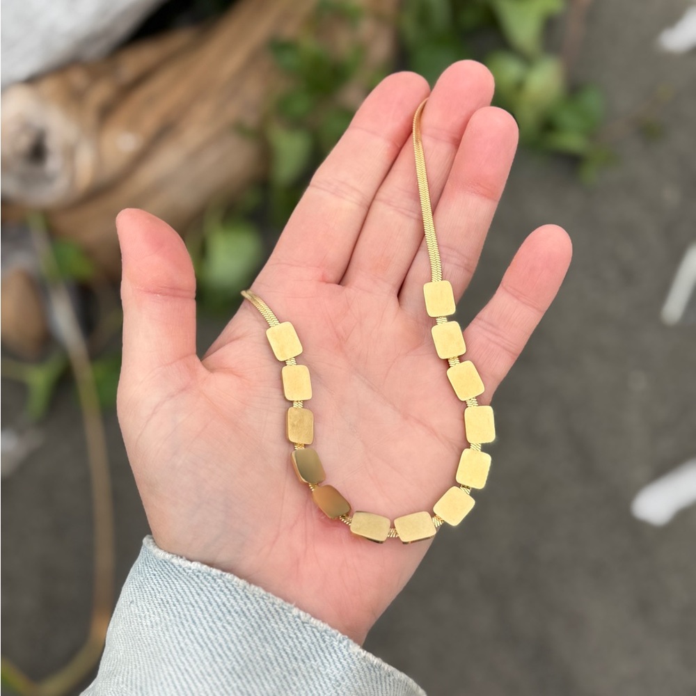 Gold Plated Signet Box Style Charm Pendant on Herringbone Chain Necklace